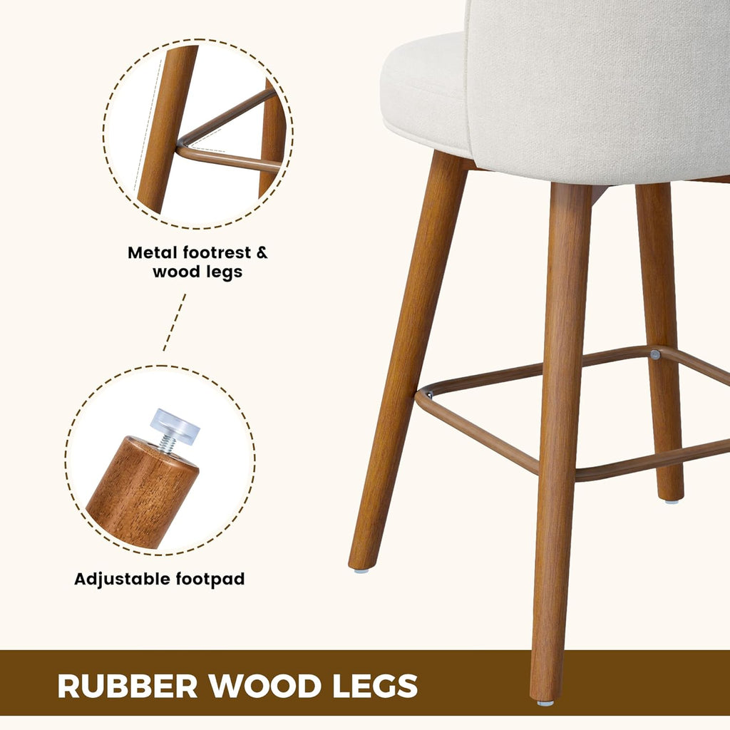 Modern Swivel Bar Stools Set of 3, Chic Upholstered Counter Height（26IN） Bar Chair with Back, Solid Wood Legs