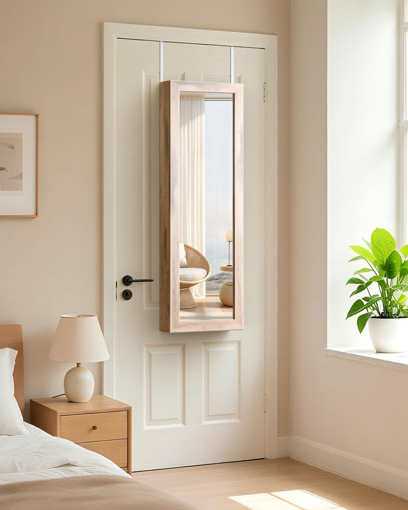 6 LEDs Jewelry Armoire, Hanging Mirror Jewelry Cabinet, Oak