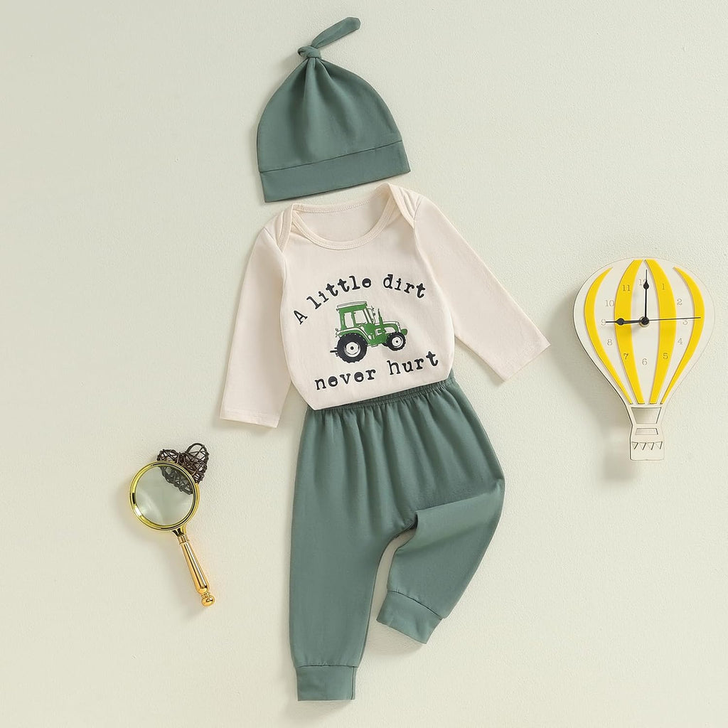 Newborn Baby Boy Clothes Long Sleeve Letter Tractor Print Romper and Pants with Hat Coming Home Outfit 3Pcs