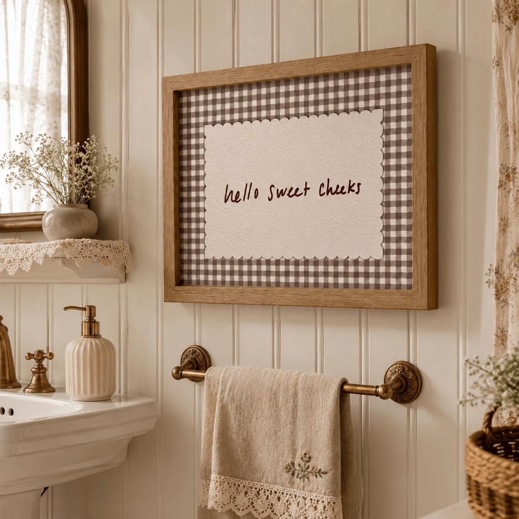 Framed Funny Bathroom Wall Art - Hello Sweet Cheeks Quote Canvas Print, Vintage Gingham Farmhouse Bathroom Decor