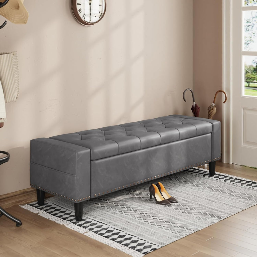 60" Storage Ottoman Bench, Faux Leather Upholstered Bed Bench, Grey | Benches with Tufted Buttons and Nailhead Trim