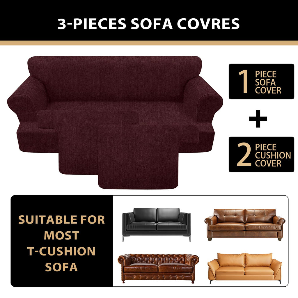 3 Pieces Sofa Covers fot T Cushion Loveseat Slipcover, Sofa Stretch Slip Covers for 2 Cushion Couch with 2 Individual
