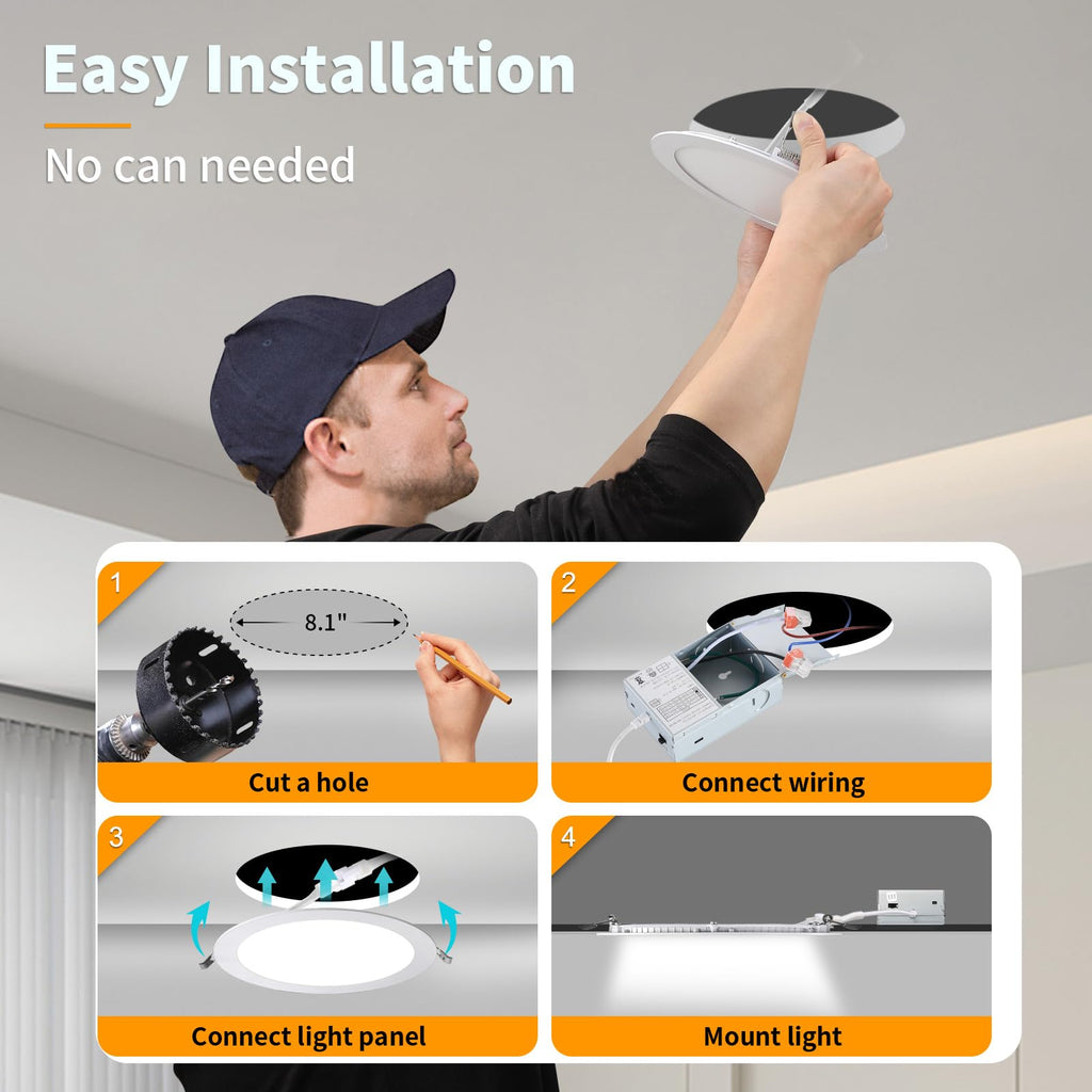 12 Pack 8 Inch LED Recessed Lighting with Junction Box Ultra-Thin, 3000K/4500K/6000K Selectable, 8" Dimmable Canless