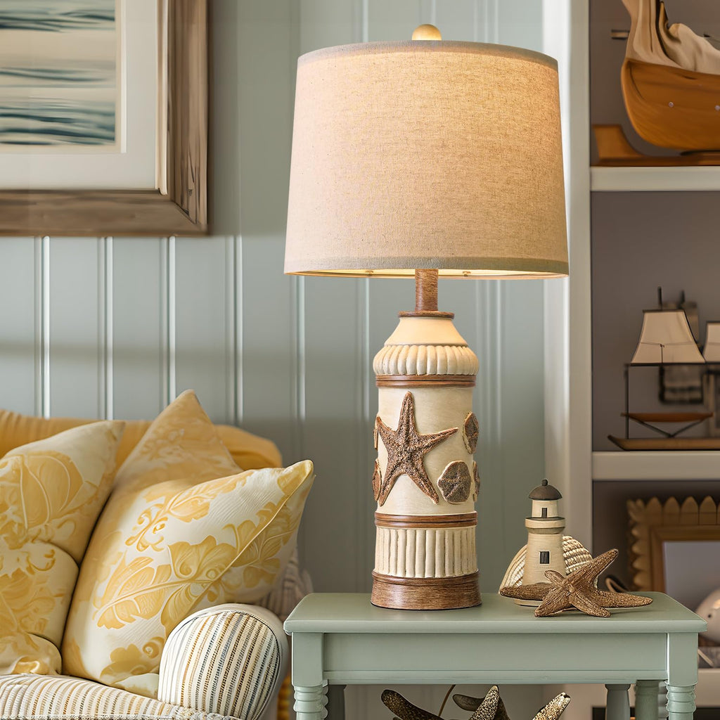 24" Table Lamps Set of 2, Boho Table Lamps, Bedside Lamp for Nightstands, Coastal Nautical Lamp with Starfish Conch