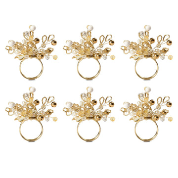 Christmas Thanksgiving Holiday Tabletop Décor Collection Decorative Napkin Ring Holder Set, 4" Diameter, Gold Beaded