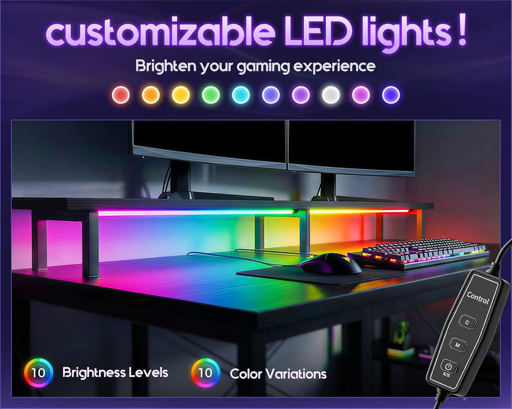55 Inch Gaming Desk with LED Lights & Storage Shelves, Black | Customizable LED lighting • Raised monitor stand •