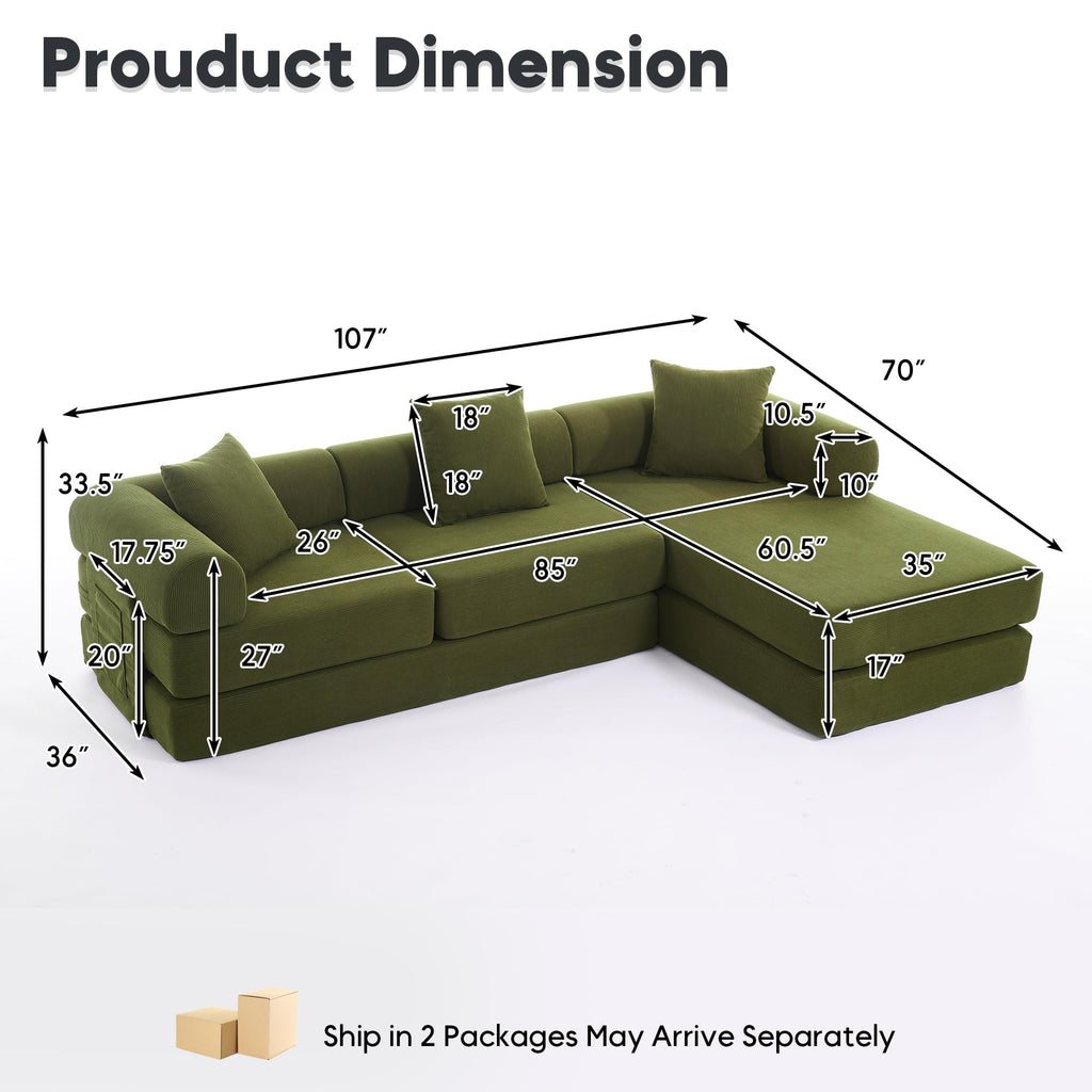 107" Modular Sectional Sofa Bed, L-Shape Corduroy Boneless Couch, Green