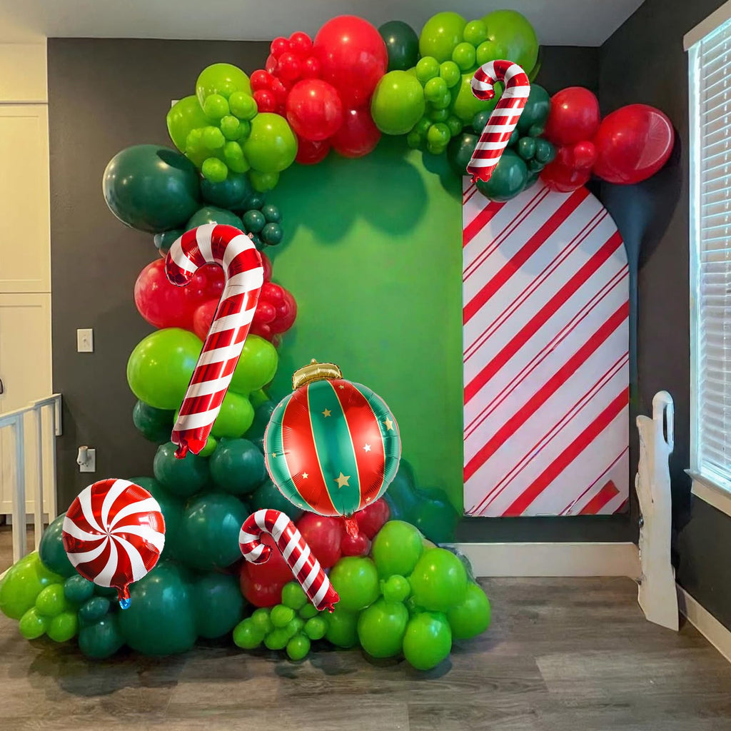 Christmas Balloons Garland Arch kit, 117pc Xmas Dark Green Red Balloon, Green Red Ball Candy Cane Peppermint