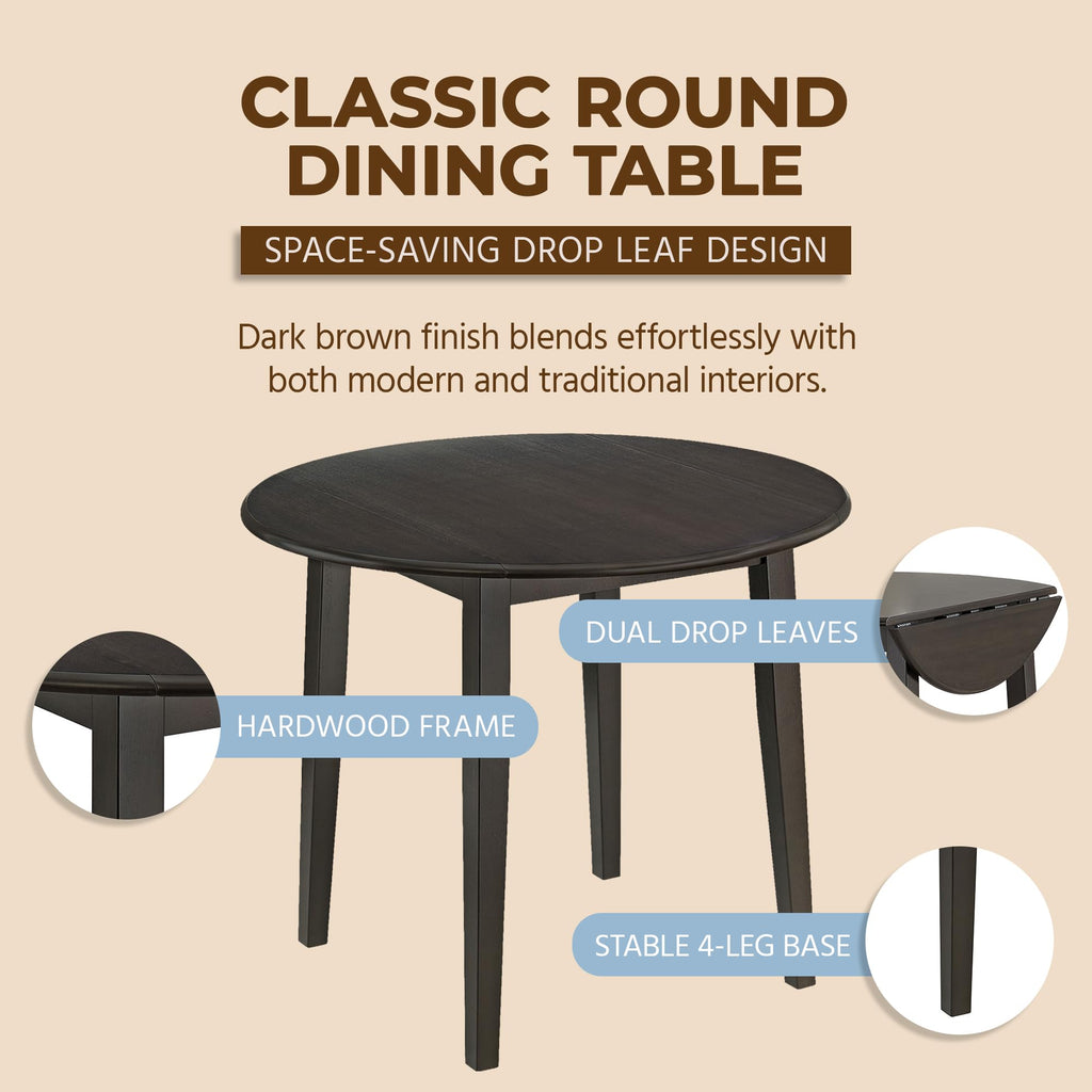 Hinged Drop Leaf Dining Table, 22-36" Round Tabletop, Dark Brown