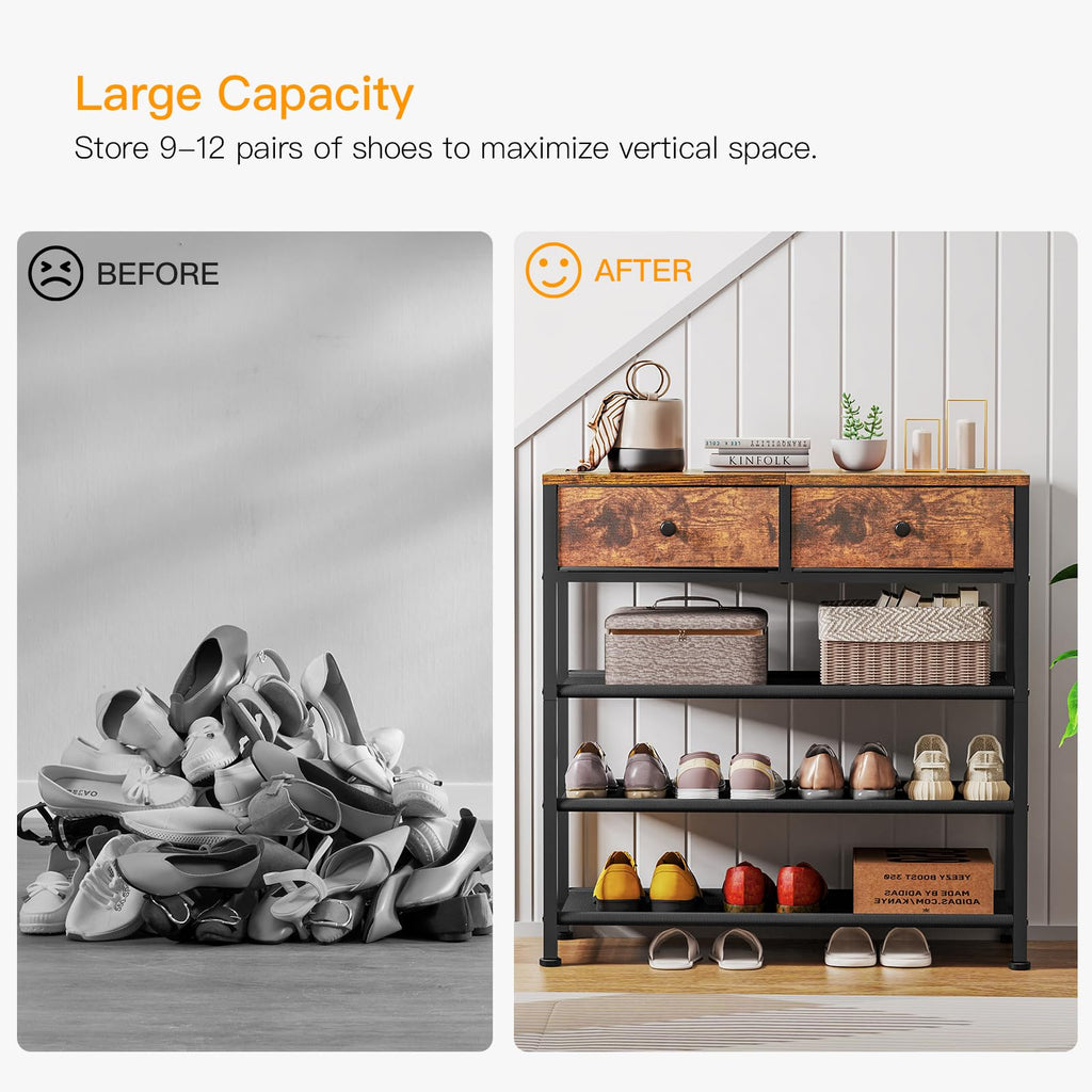 Shoe Rack, 4 Tier Shoe Storage Organizer with 2 Drawers, Metal Shoe Shelf for 9-12 Pairs of Shoes, with 3 Oxford