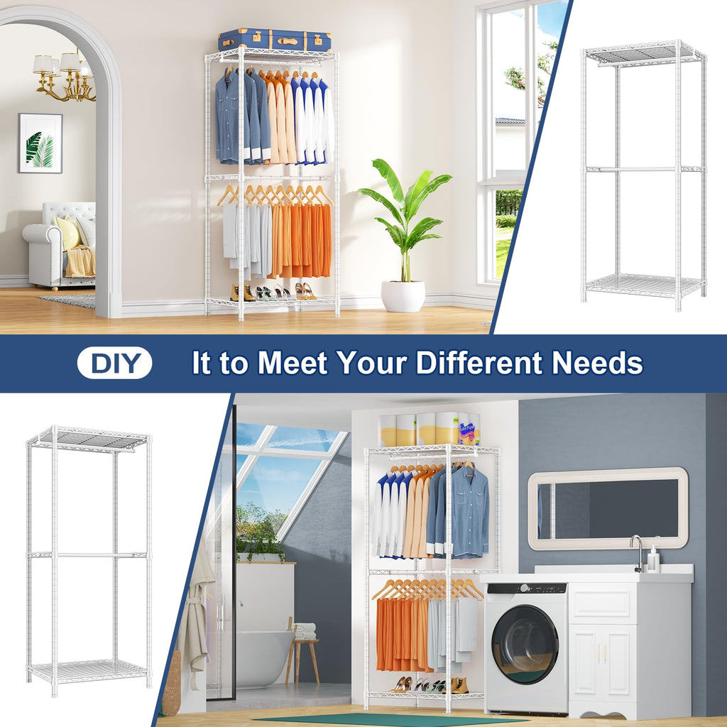 E12 Clothes Rack, Heavy Duty Freestanding Garment Rack with Shelves, Clothing Closet Storage System for Hanging