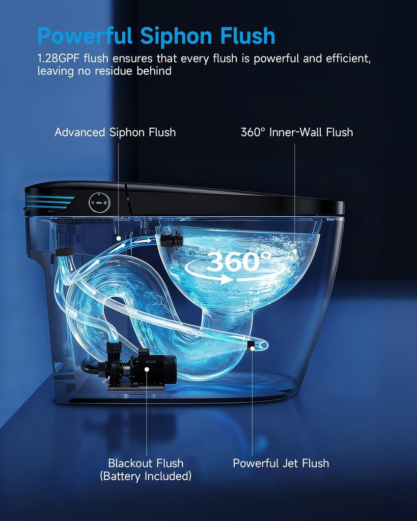 Black Smart Toilet with Bidet Built In, Auto Open/Close Lid, Heated Seat, Warm Wash & Dryer, Night Light