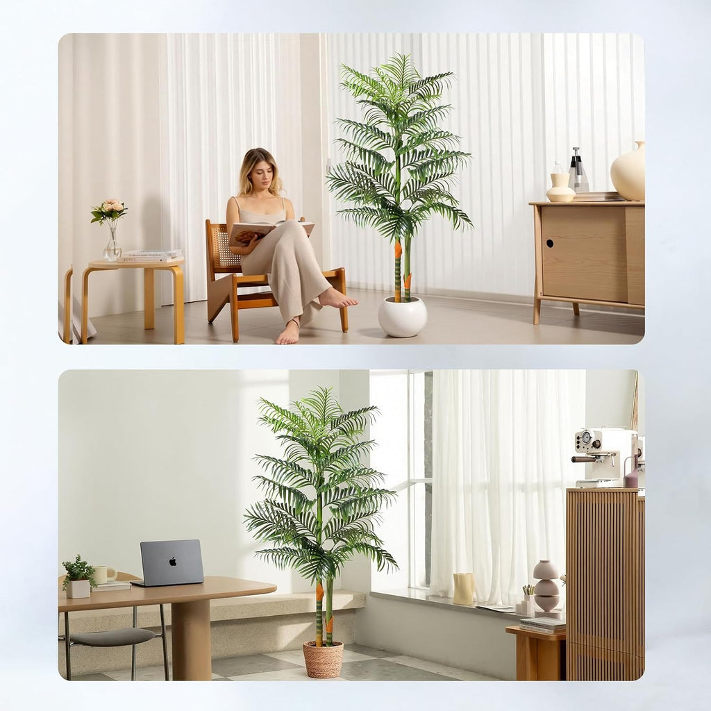 5FT Artificial Palm Tree Tall Plant with Planter & Moss, Realistic 2-Trunk Artificial Tree with Lights, Lifelike
