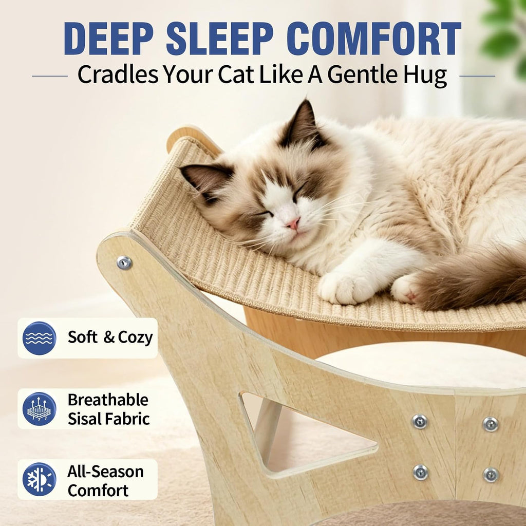 Cat Hammock Bed for Large Cats, Elevated Wooden Bed with Natural Sisal Scratching Mat, Cozy Lounge with Soft Cushion