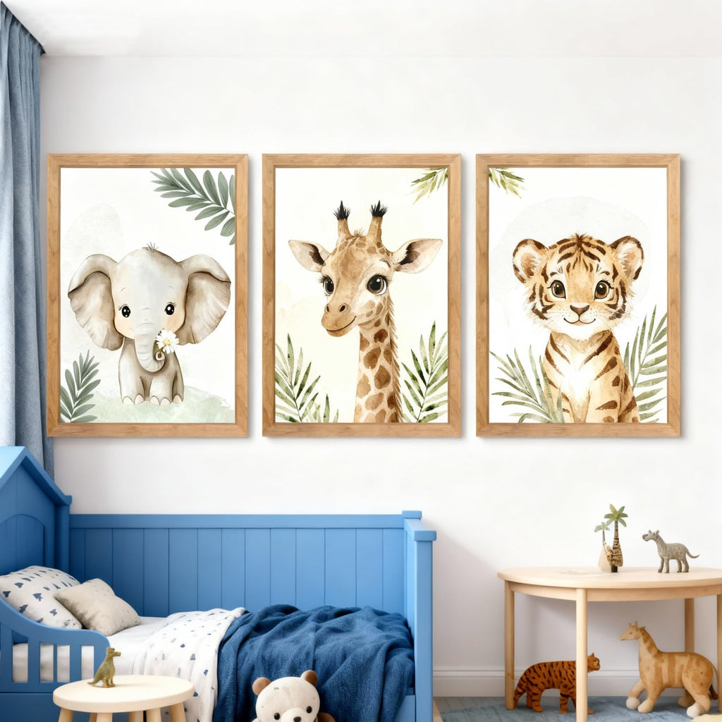 3 Set Safari Nursery Wall Decor, 11x16 Inch Framed Cute Giraffe Elephant Tiger Print Sign, Jungle Theme Cartoon
