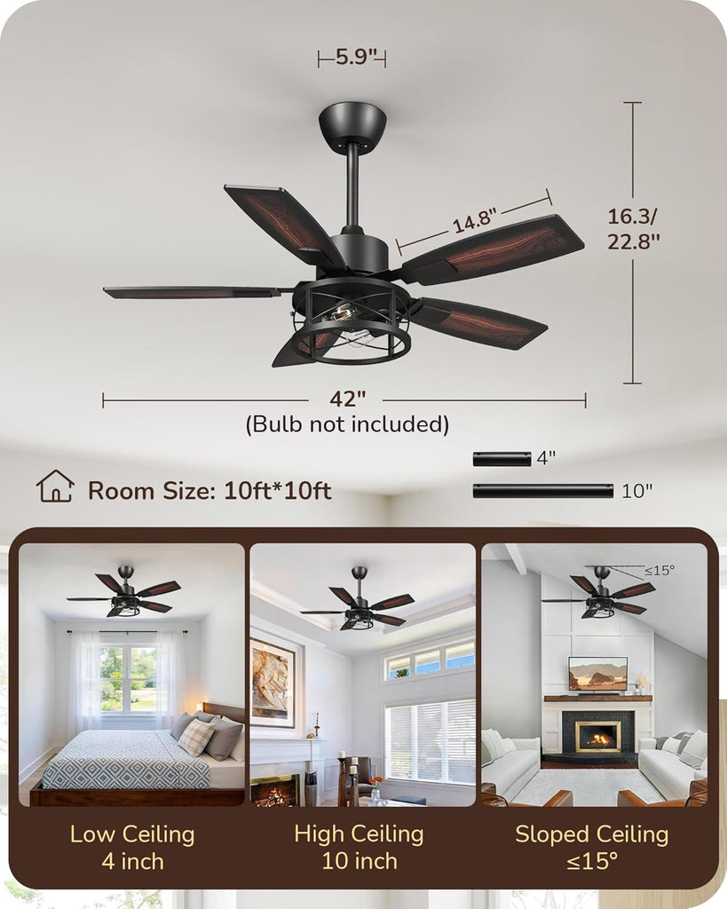 42" Farmhouse Ceiling Fans with Lights and Remote, 10%-100% Dimmable, Reversible DC Motor, 6 Speed, 5 Wooden Blades