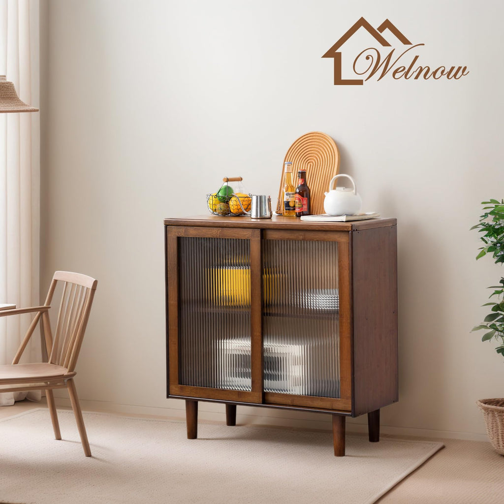 Buffet Cabinet, Bamboo Sideboard with Storage Kitchen Display Cabinet with 2-Tier Shelves Boho Coffee Bar Tables