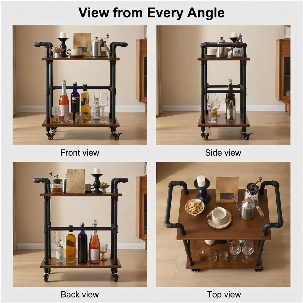 Industrial Pipe Bar Cart, Solid Wood Serving Cart, Rolling Kitchen Cart
