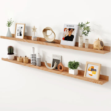Oak Picture Ledge Shelf, 55 Inch Floating Shelves Set of 2, Solid Oak Wood Wall Shelves with Lip, Wall Decor Storage