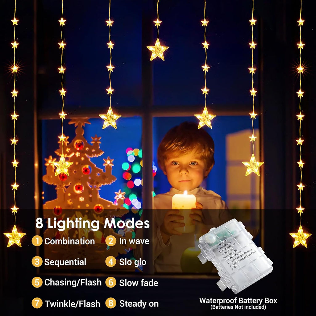 46 Stars Curtain Lights, Battery Operated Christmas Star Window Lights - Warm White with Timer & Memory Function & 8