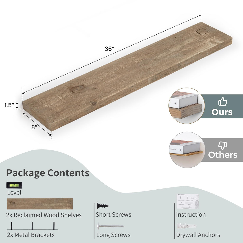 Floating Shelves | 8" Deep Rustic Reclaimed Barnwood Wall Hanging Shelves with Invisible Heavy-Duty Metal Bracket