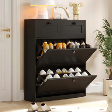 Shoe Cabinet with 2 Flip Drawers & 2 Drawers, Freestanding Shoe Storage Cabinet with Adjustable Shelves, Shoe