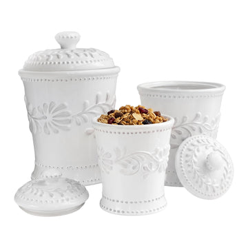 Ceramic Canister Set w/Lids Bianca Leaf, White 3PC