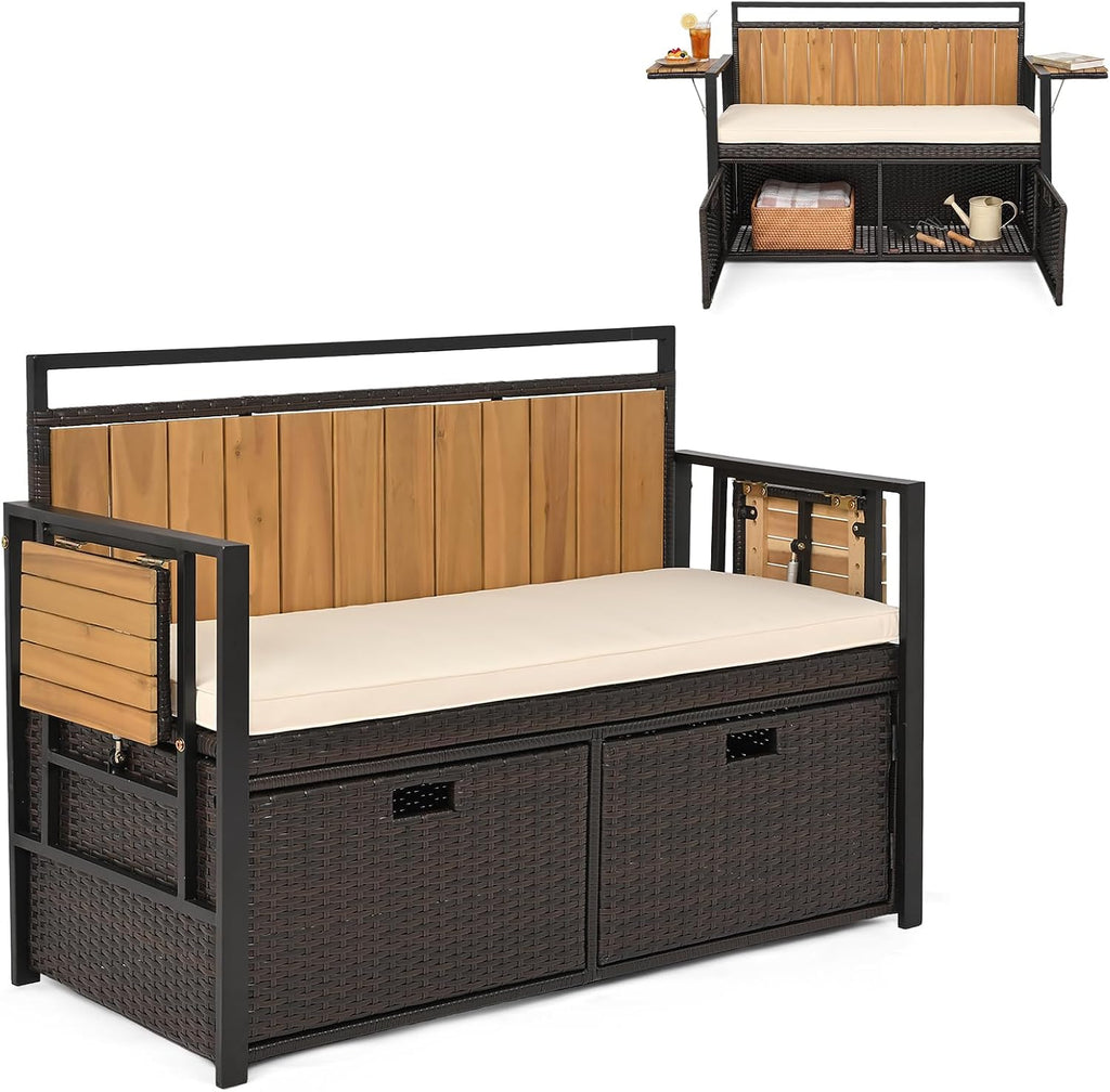 Outdoor Storage Bench, Outside Cushioned Loveseat Seating with Acacia Wood Backrest, 2 Folding Side Tables & 2 Doors