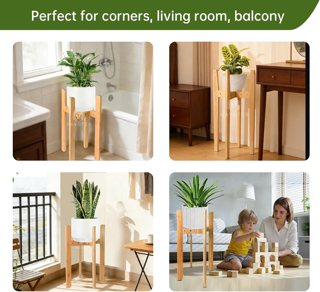 23.6" Tall Adjustable Plant Stand Indoor Flower Holder Fits 8-12 Inch Pots | Sturdy, Bamboo, Modern Mid Century