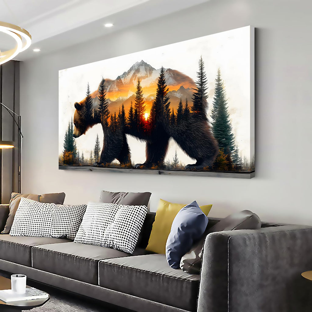 Brown Bear Forest Wall Art Office Retro Sunset Snow Mountain Rustic Wildlife Painting Prints Vintage Modern Art Deco