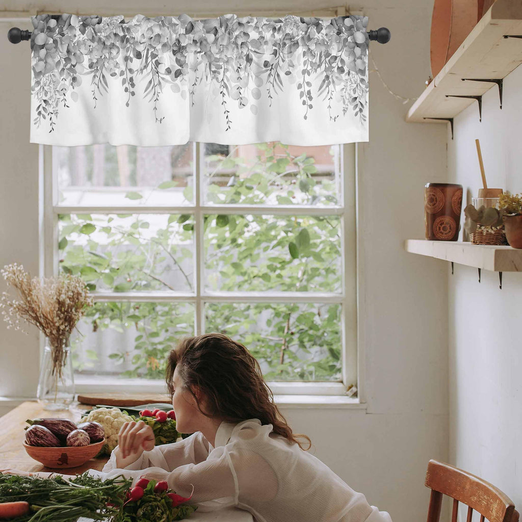 Curtain Valance for Windows Gray Eucalyptus Rod Pocket Valance Window Treatments 1 Panel Watercolor Leaves Short
