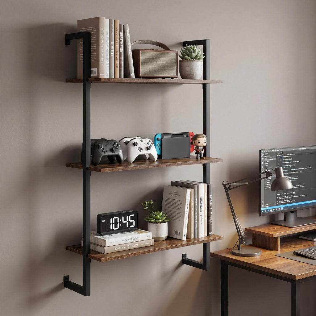 3-Tier Floating Shelves for Wall, Industrial Wall-Mounted Bookshelf