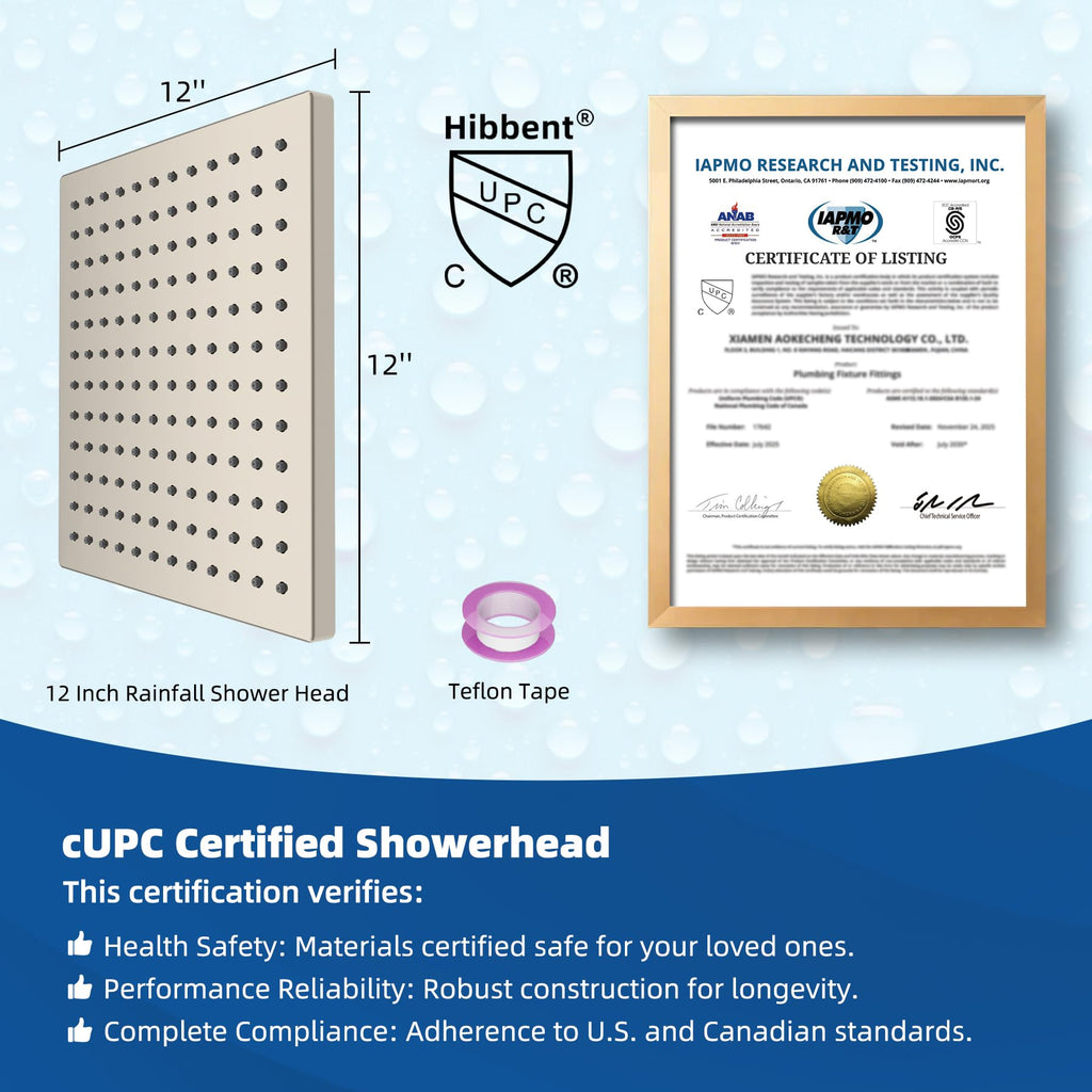 CUPC Certified High Pressure 12'' Rain Shower Head, Brushed Nickel