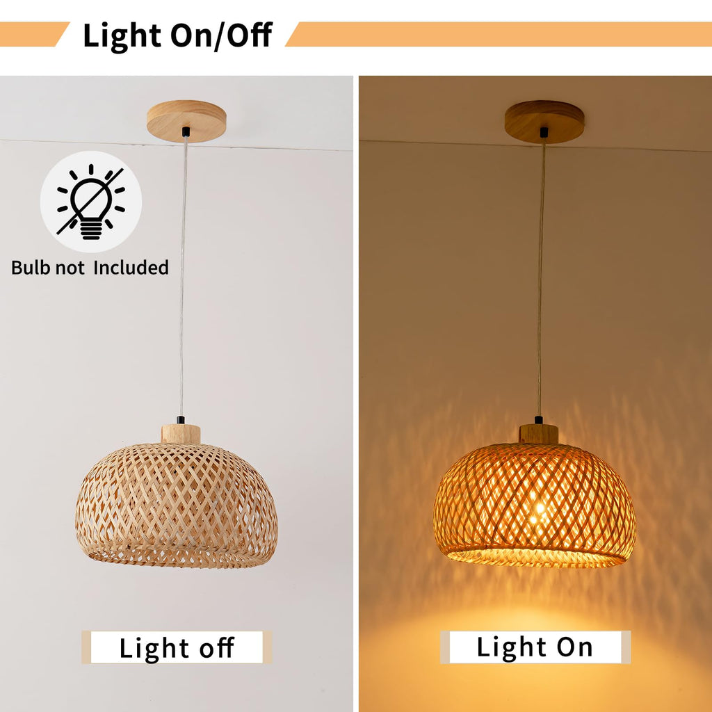 11.8inch Beige Bamboo Pendant Light, Wicker Rattan Boho Chandelier
