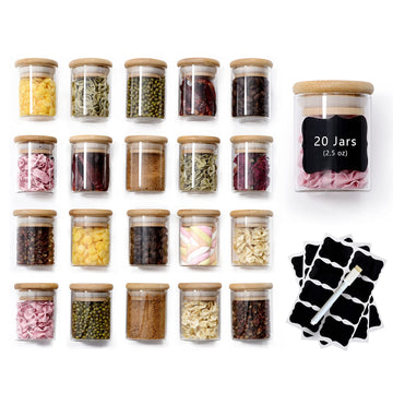 20 Pcs Glass Spice Jars with Airtight Bamboo Lids, Labels and Pen, 2.5oz Mini Clear Food Storage Containers for the