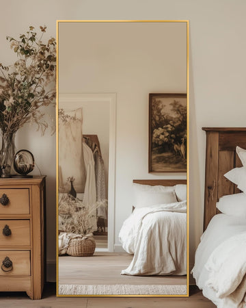 Full Length Mirror, 58"x21" Floor Mirror with Stand, Hanging Mounted Mirrors , Cloakroom, Dining Room, Gold, Rect