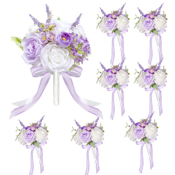 Artificial Bridesmaid Bouquets Set of 8 - Light Purple 9 Inch Various Flower Bouquet for Wedding Party Ceremony