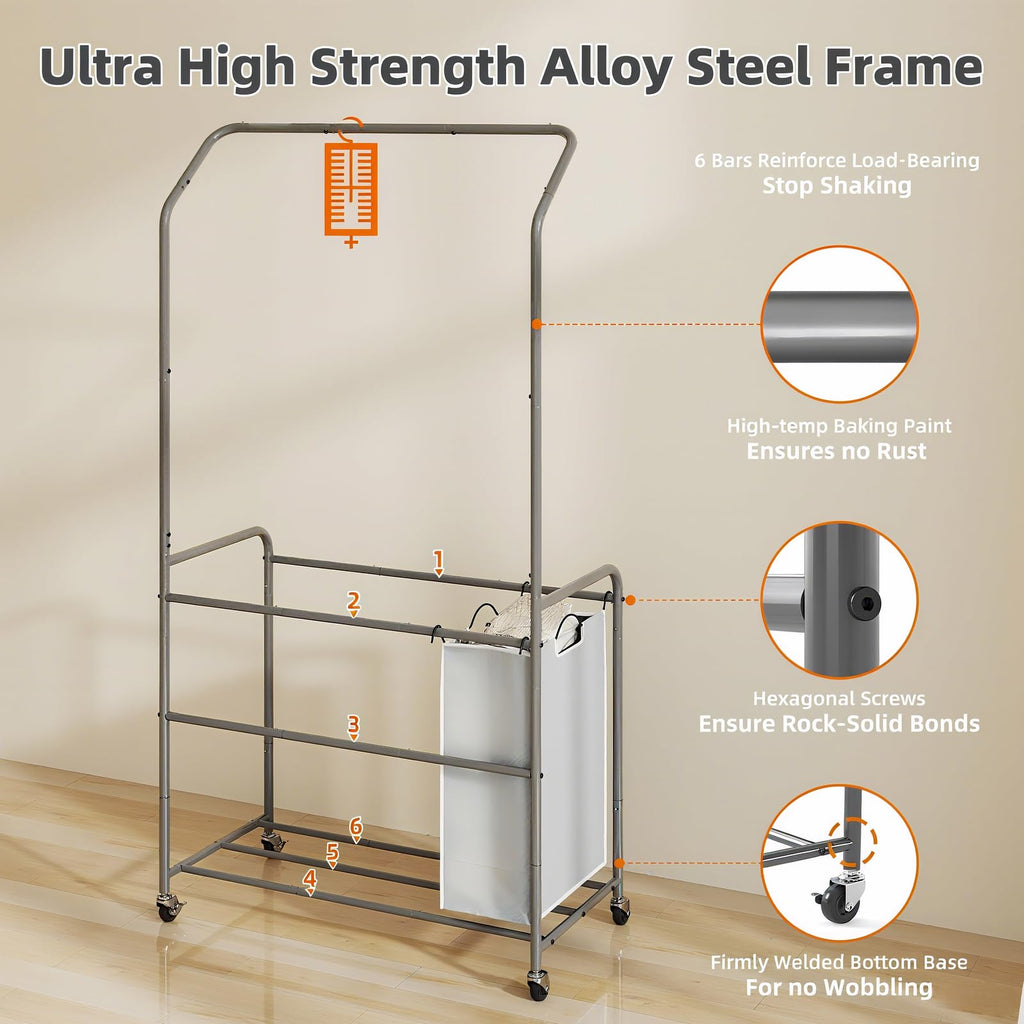 Laundry Hamper Sorter Cart, 4 Section Organizer with Hanging Bar
