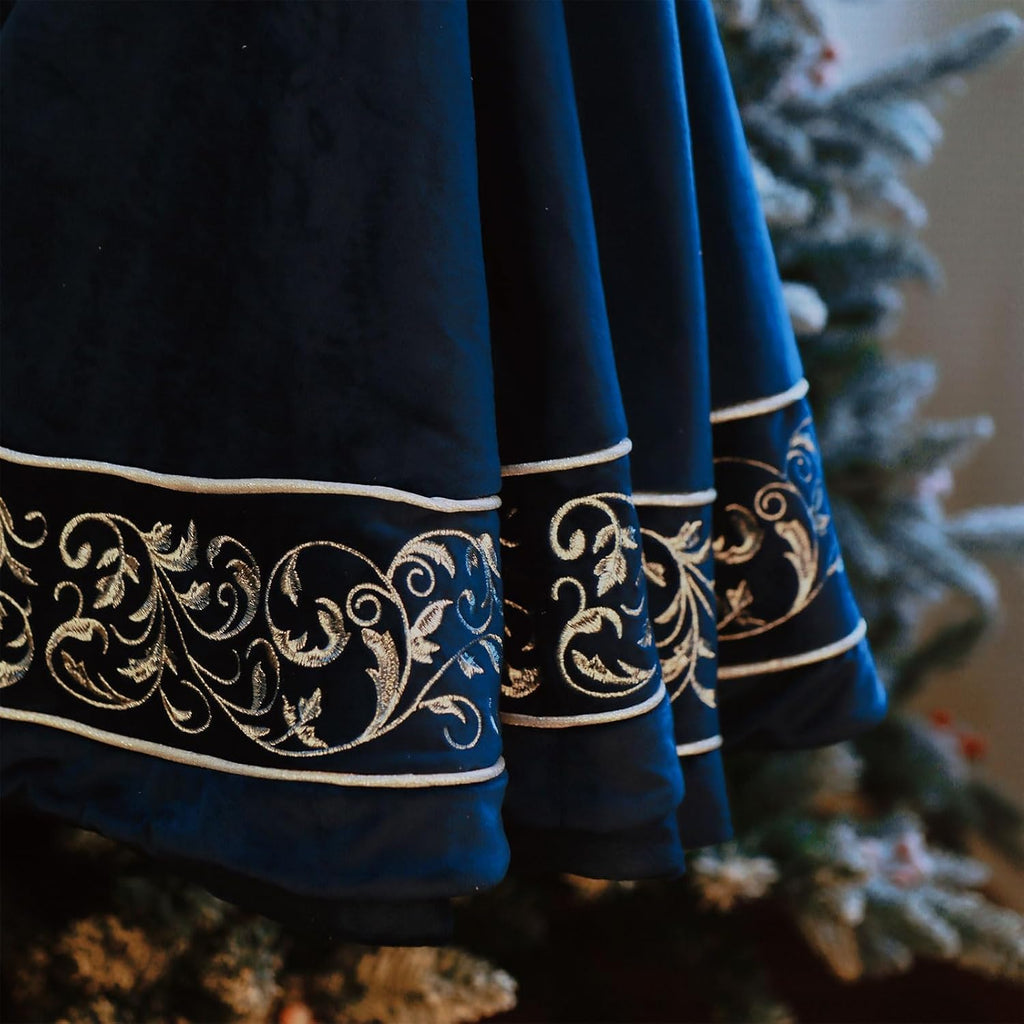 Christmas Tree Skirt 60 inch, Blue Luxury Velvet Plush Faux Fur Extra Large Skirts with Silver Embroidered Vintage