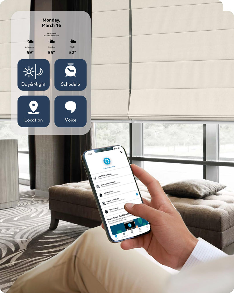 Smart Roman Shades 100% Blackout Compatible with Alexa Google Rechargeable Motorized Window Blinds Remote Control