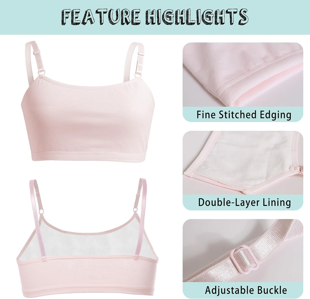 Girls Training Bra, Soft Cotton Cami Bralette, Pack, Double Layer Design, No Pads