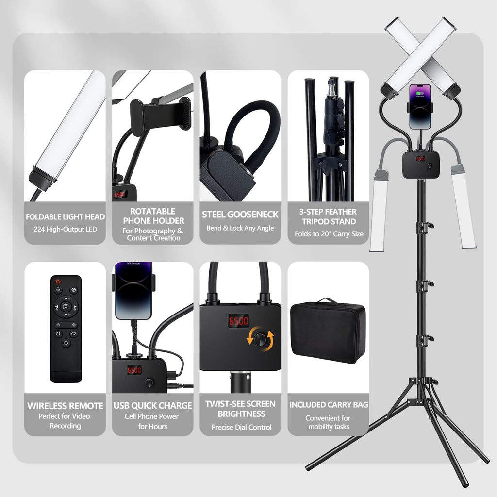 Selfie Light with 75'' Tripod Stand, Dimmable 3 Color LED Dual Arms Ring Light with Phone Holder & Carry Bag for Lash