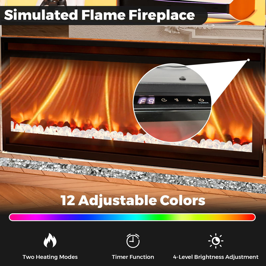 Mirrored TV Stand with Fireplace for 70 Inch TVs