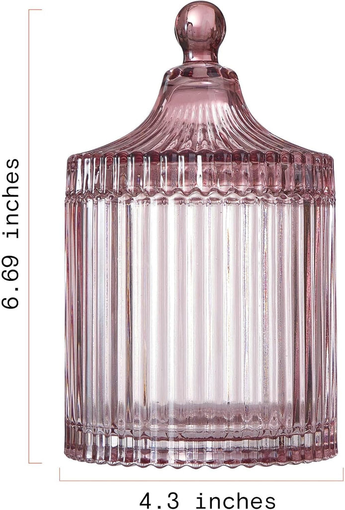 Rose Pink Ribbed Glass Lidded Storage Jar, Elegant Decorative Canister, Multipurpose Container For Jewelry, Trinkets