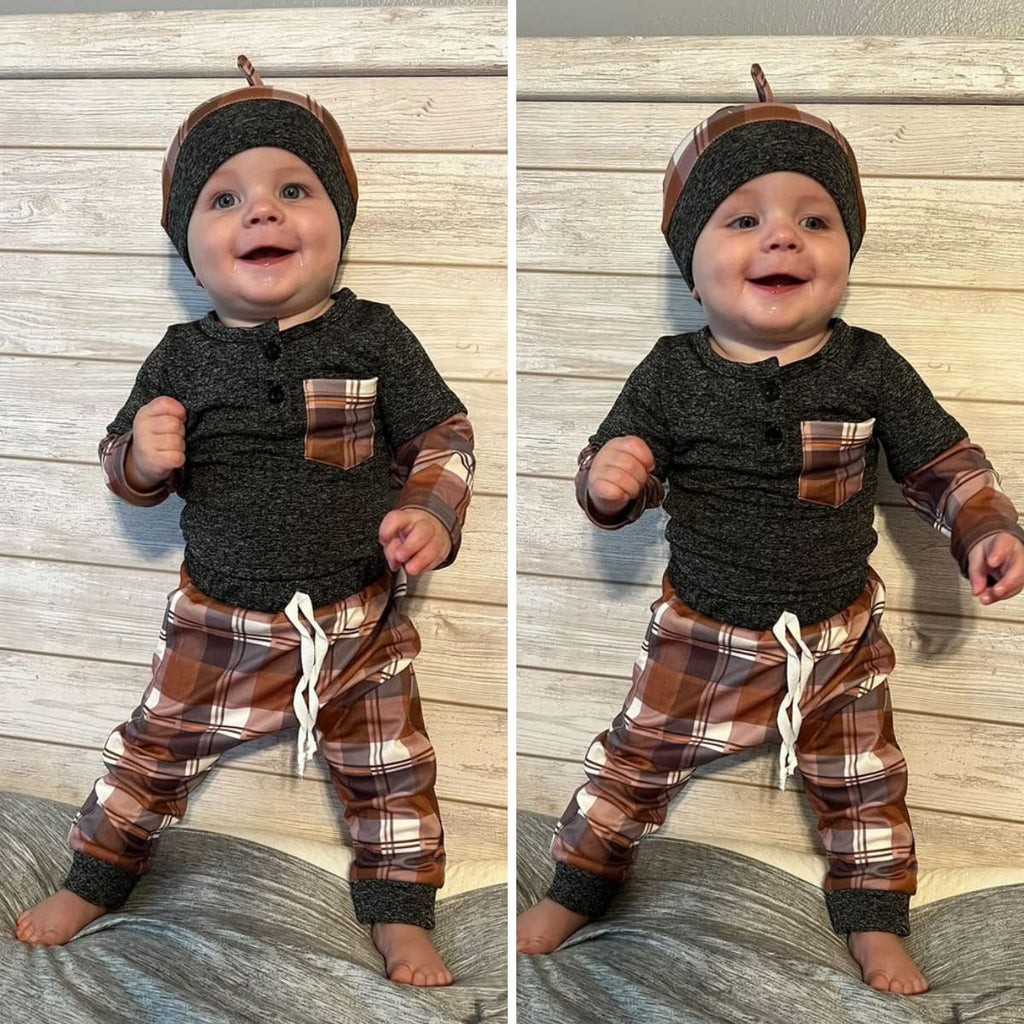 Preemie Clothes Boys, Premature Baby Boy Fall Winter Outfit Buffalo Plaid Pullover Sweatsuit Warm Thanksgiving