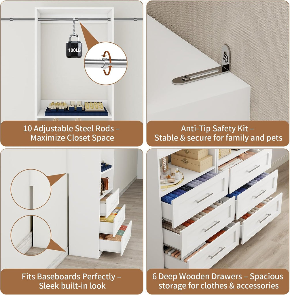 Closet System with 6 Drawers, 4FT-15FT 2-Piece Closet System, Walk in Closet Organizer System, Modular Closet System