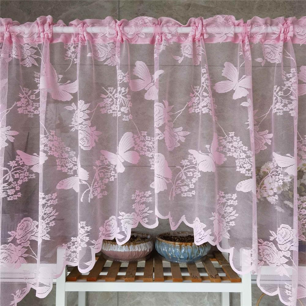 2 Panels Pink Butterfly Embroidery Arched Lace Sheer Curtain Valance