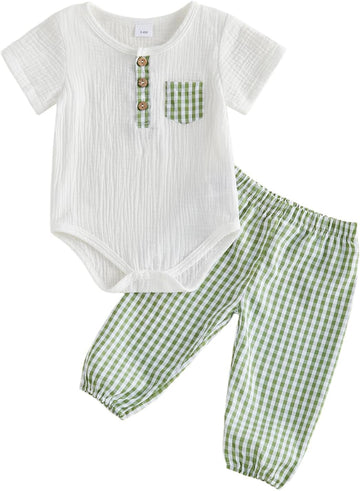 Newborn Baby Boy Summer Outfit Infant Little Boy 2 Piece Cotton Linen Button Up Pocked Shirts Top Gingham Pants Set
