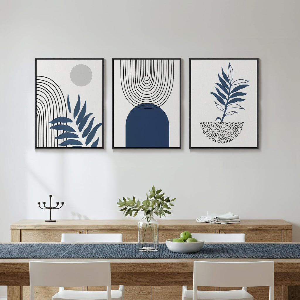 Framed Blue Mid Century Boho Botanical Canvas Wall Art Bedroom, 12x16 Inch