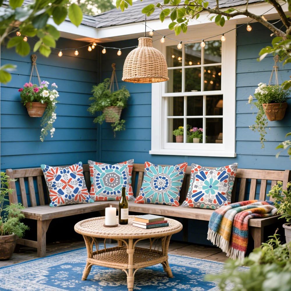 Outdoor Pillow Covers 18x18 Set of 4 Morden Geometric Patterns Waterproof Throw Outdoor Pillows Boho Decorations for